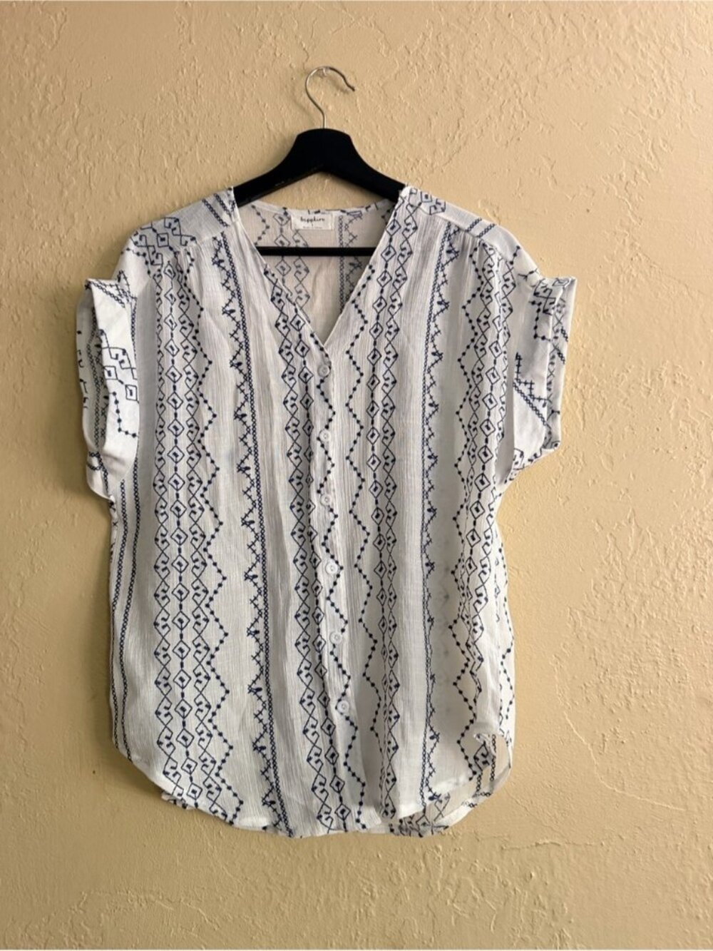 Embroidered White V-Neck Blouse with Navy Stripe Detail